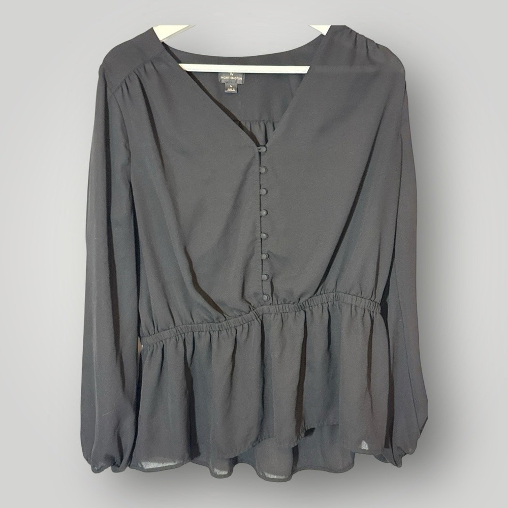 Worthington‎ Blouse Women's Large Grey V-Neck Button Up Long Sleeve Top Shirt